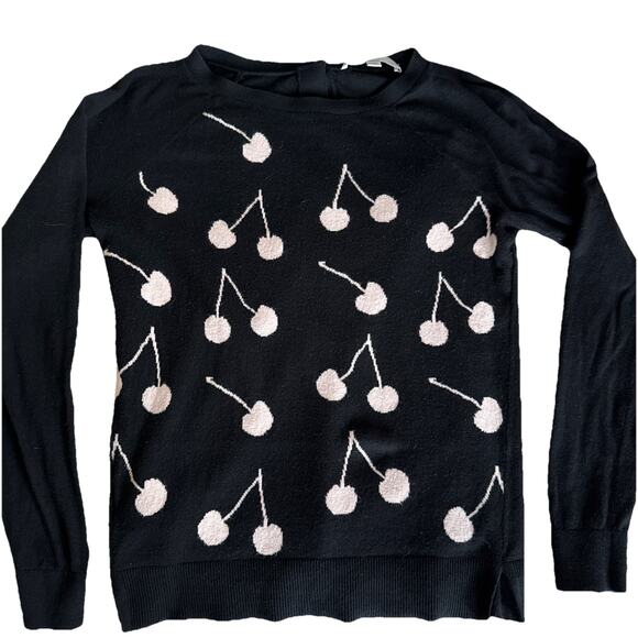 LOFT Sweaters - LOFT Black Back Button Sweater With Tan Cherry Print Lightweight Size Petite XS